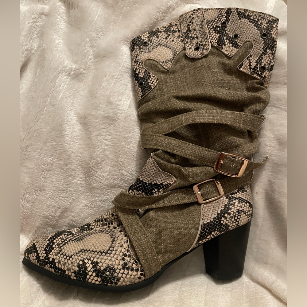 Olive Snake-Print Mid-Calf Heeled Boot with Buckle Straps